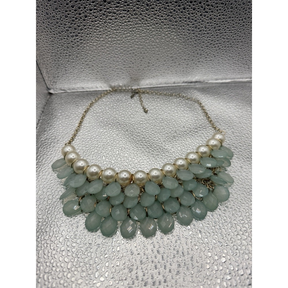 Chunky Heavy Green Blue Multi Layer Statement Necklace Gold Tone 18" Faux Pearls
